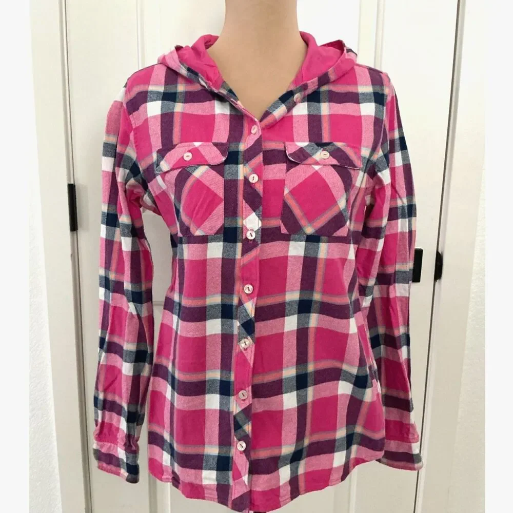 Eddie Bauer Women’s M Pink Plaid Hooded Flannel Shirt Outdoors/Hiking/Camping